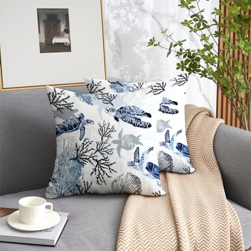 Nautical Coastal Throw Pillow Covers Set of 2 Beach Themed Ocean Coral Sea Turtle Decorative Pillow Cases Outdoor Sofa Cushion Cover for Bedroom Living Room, 18x18, Blue
