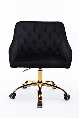 Warmiehomy Home Office Chair with Gold Base, Velvet Comfortable Modern Cute Desk Chair, Adjustable Swivel Computer Task Chair Tufted Back Vanity Chair for Living Room Makeup Room, Teal