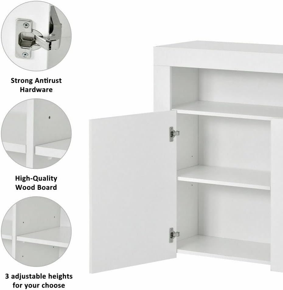 Modern High Gloss Sideboard 2 Door Storage Cabinet Open Cupboard Sleek Farmhouse Accent Side Cabinet Kitchen Buffet Cabinet with Multi-Color LED Lights and Interior Shelves Fashion Home Furniture