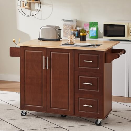 Kitchen Island with Drop Leaf Countertop, Rolling Kitchen Island Cart, Barn Door Kitchen Island Table with Storage Cabinet and Tower Rack, Small Kitchen Island (Retro Brown)