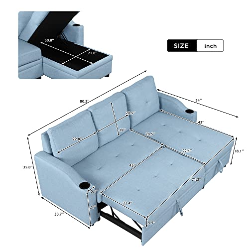 Sleeper Sofa Couch Sleeper Sectional Sofa with Storage Chaise 3-Seater Corner Couch Bed for Living Room, 83'' Grey