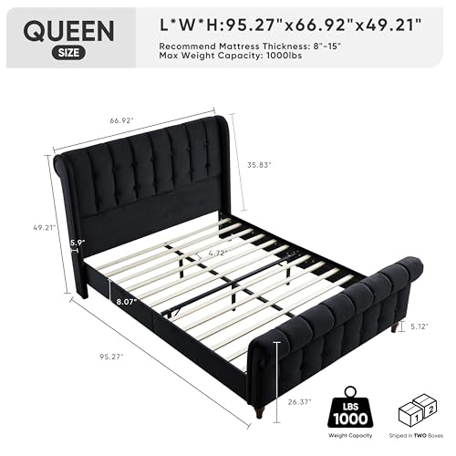 King Size Bed Frame, Velvet Upholstered Platform Sleigh Bed with Button Tufted Headboard & Footboard/Wingback, Metal Frame Wooden Slat Support Easy Assemble & Noiseless, Cream