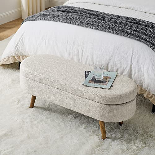Storage Ottoman Bench, 43.5 Inch Upholstered Fabric Storage Bench for Bedroom End of Bed Aesthetic Oval Storage Ottoman with 250lb Seating and Safety Hinge Flip Top