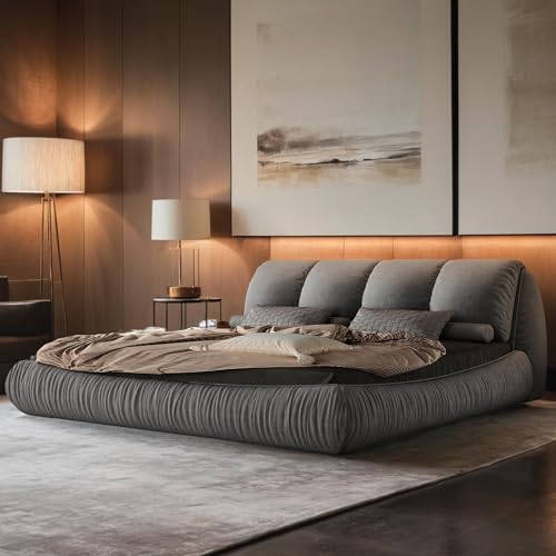 Modern Luxury King Size Bed Frame with Oversized Thick Headboard, Upholstered Sleigh Bed Frame with Wooden Slats Support Oversized Padded Backrest for Bedroom, No Box Spring Needed (Beige)