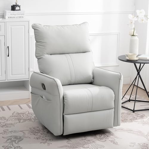 Swivel Rocker Recliner, Leather Rocker Recliner with 360 Degree Swivel & Reclining Function, Glider Recliner Nursery Chair with Adjustable Footrest and Pocket, Recliners for Small Spaces