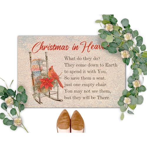 Christmas in Heaven Coir Mat Holy Night Door Mats Red Bird on Chair Mistletoe Wreath Rustic Thick Durable Non Slip Mat for Garage Patio High Traffic Areas 18x30 Inch