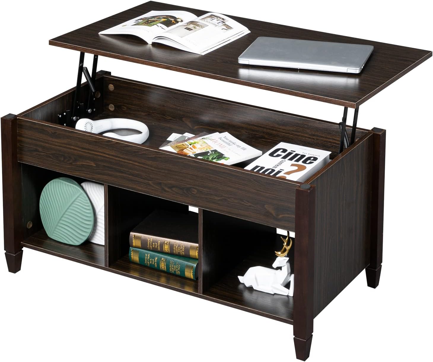 Modern Lift Up Top Coffee Table with Hidden Storage Cabinet,Bottom 3 Compartment Storage Cabinets and Solid Wood Legs for Living Room Reception Room Office,40