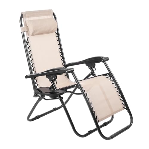Zero Gravity Folding Reclining Lounge Chair with Pillow,Adjustable Reclining Patio Chairs,Side Table for Home/Office/Camping/Pool Yard with Cup Holder (Beige)