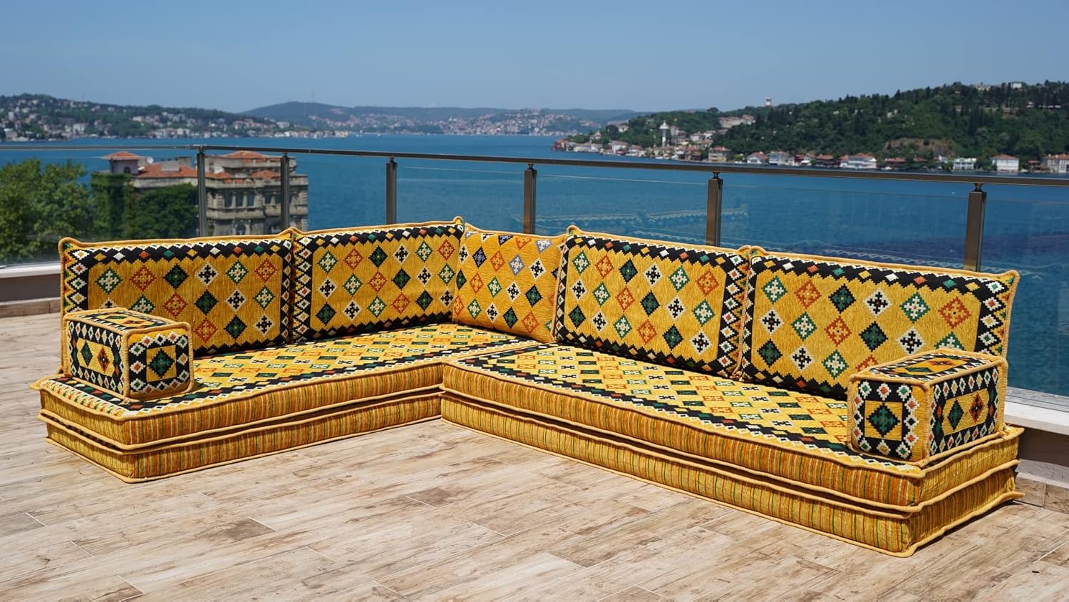 Yellow L Shaped Floor Couch, Sectional Sofa Set, Floor Pillow, Arabic Majlis, Moroccan Livingroom Cushion, 4