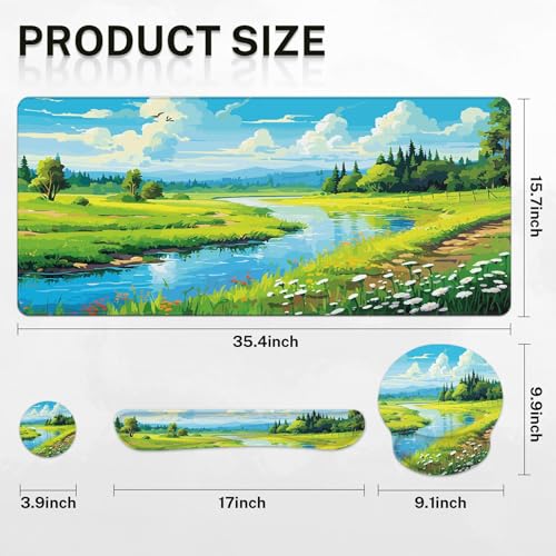 Sunflower Flower Desk Mat, Botanical Leaf Cute Mouse Pad Set with Wrist Support, 4-in-1 Large Mousepad+Keyboard Wrist Rest+Mouse Wrist Rest+Coaster with Ergonomic Design, Non-Slip Mat