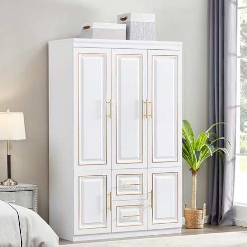 Closet with Doors Armoire Wardrobe Closets Wood Cabinet White Storage Closet Cabinet for Bedroom Armoires Clothes Wood Closet with Hanging Rod (20.51