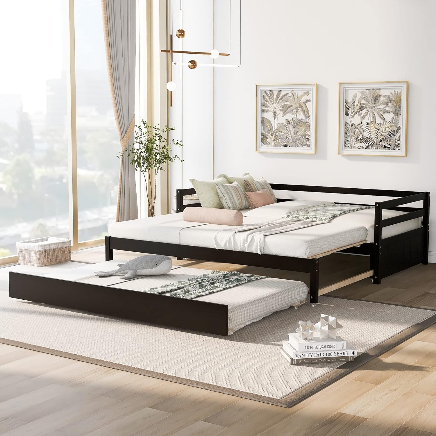 Multifunctional Extending Twin Or Double Daybed with Trundle Brown Modern Contemporary Wood Includes Hardware