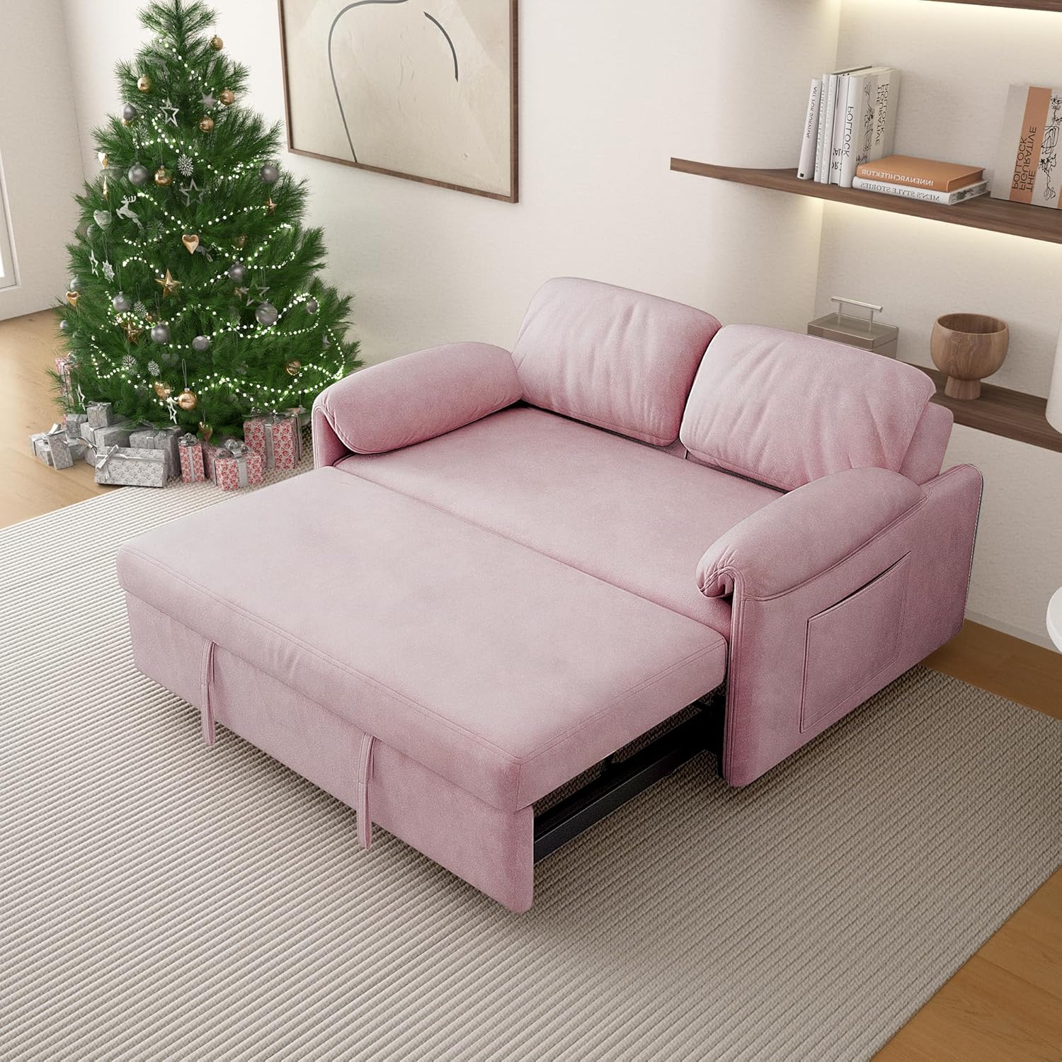 Pull Out Sofa Bed, 53'' Loveseat Sleeper, 3-in-1 Velvet Sleeper Sofa, Convertible Sofa Bed with Adjustable Backrest, Sleeper Couch for Living Room Bedroom Small Space (Pink)