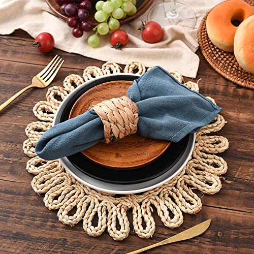 IcosaMro Round Woven Placemats for Dining Table Set of 6, 11 Inch Small Boho Placemats Natural Braided Rattan Rustic Wicker Charger Plates for Holiday Thanksgiving Christmas Farmhouse, Beige