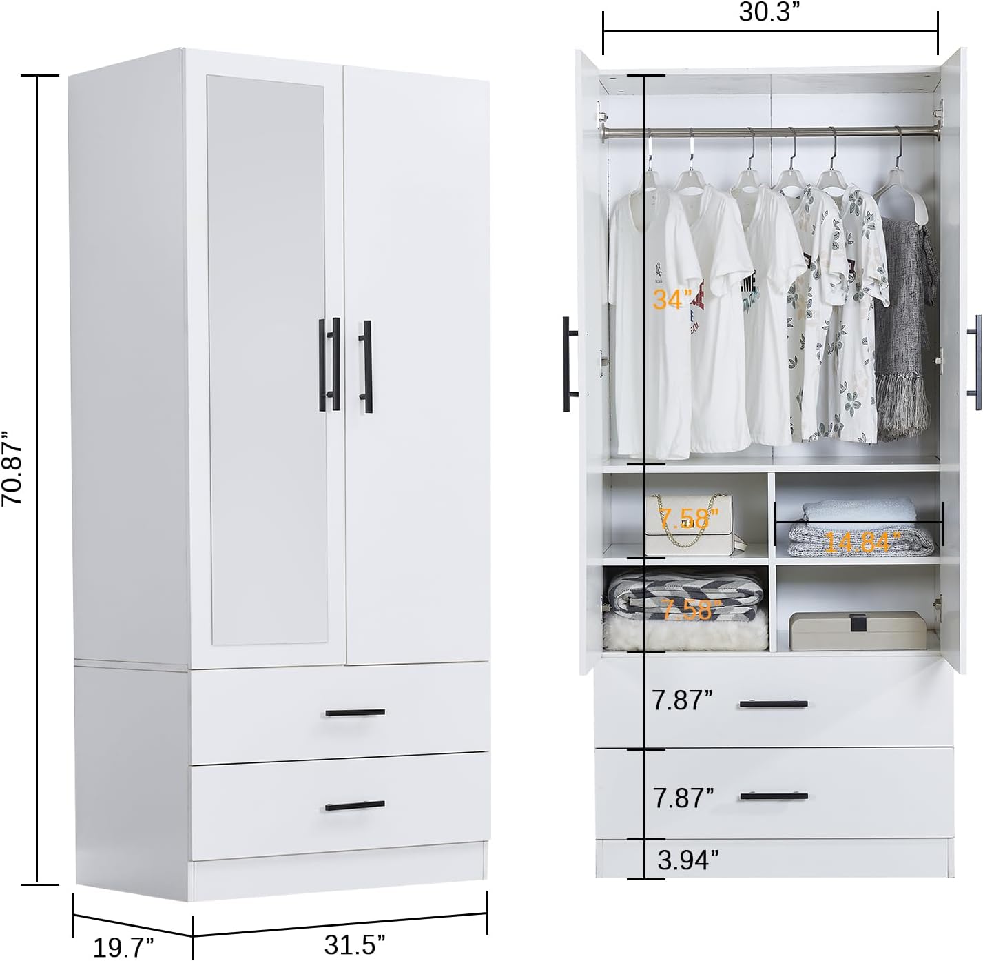 White Armoire Wardrobe Closet, Wardrobe Closet with 2 Drawers and 2 Doors, Wardrobe Cabinet with Mirror and Black Handles for Bedroom 31.5''Wx 18.9''D x 70.87''H