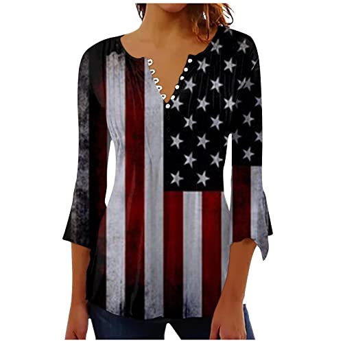 Women's T Shirt Bell 3/4 Sleeve V Neck Solid Color Slim Blouses Button Down Dressy Tunic Casual Loose T Shirt
