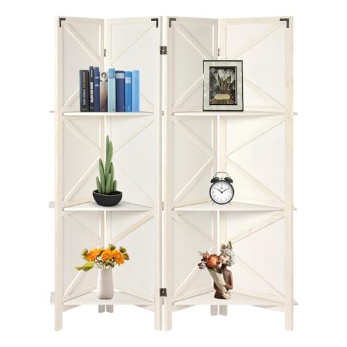 4 Panel Farmhouse Room Divider, 5.6Ft Tall Solid Wood Folding Room Divider Screen with Display Shelves, Rustic Room Dividers for Bedroom, Home, Office,White