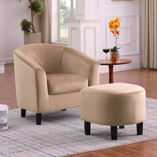 Wesley Upholstered Mid-Century Modern Accent Tub Barrel Club Arm Chair with Matching Ottoman, Small Spaces, Living Room, Velvet Beige