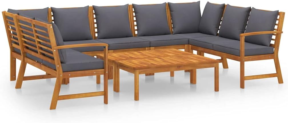 9 Pieces Patio Furniture Sectional Set Outdoor Wooden Conversation Sets with Coffee Table, Cushioned Garden Sofa Set Garden Lounge Set for Garden Backyard Poolside, Solid Acacia Wood