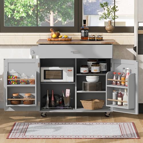 Kitchen Island On Wheels, Rolling Kitchen Carts with Drop Leaf Wooden Countertop and Storage Cabinet, Towel Rack, Wide Drawer for Dining Room/Living Room (White)