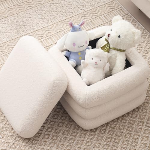 Square Boucle Ottoman with Storage, Large Cube Sherpa Foot Stool, Tufted Modern Footrest for Living Room, Bedroom, Vanity Room, Dorm, Home Décor, White