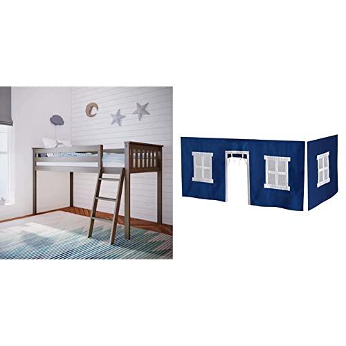 Max & Lily Low Loft Bed, Twin Bed Frame for Kids, Clay & Cotton Underbed Curtains, Blue & White