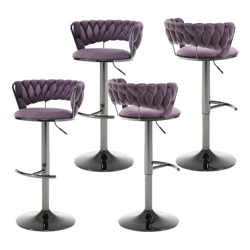 Velvet Swivel Bar Stools Set of 6, Modern Adjustable 360°Swivel Bar Height Chairs with Woven Hollow Back, Upholstered Counter Height Bar Stools with Gunmetal Base for Home Pub, Red