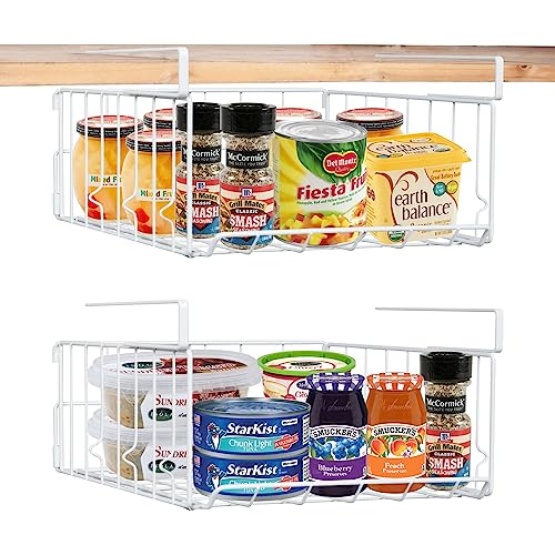 2-Pack Steel Under Cabinet Shelf Basket Organizer, Metal Wire Rack Hanging Storage Baskets Holds up to 22lbs for Kitchen, Office, Pantry, Bathroom, Cabinet (Black)