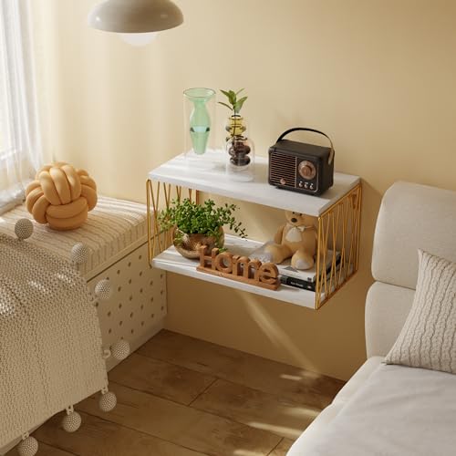 Wood Floating Nightstand Wall Mounted, White and Gold Bedside Wall Shelves for Bedroom, Small Floating Side Table Shelf 2 Tier, Farmhouse Geometric Shelf Wall Mounted in Living Room,Bathroom