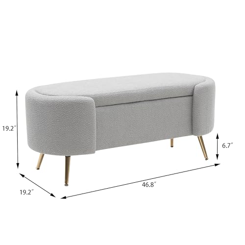 Boucle Storage Bench for Bedroom, Upholstered Ottoman Bench with Oval Metal feet, Modern Storage Bench for End of Bed, Entryway, Livingroom, Ivory