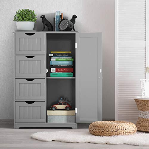 WATERJOY Storage Cabinet,Standing Wooden Cabinet with 4 Drawers Floor Cabinet and 1 Door with 2 Layers Storage Shelf,Bathroom Storage Cabinet,Entryway Cupboard, Toy Organizer Cabinet