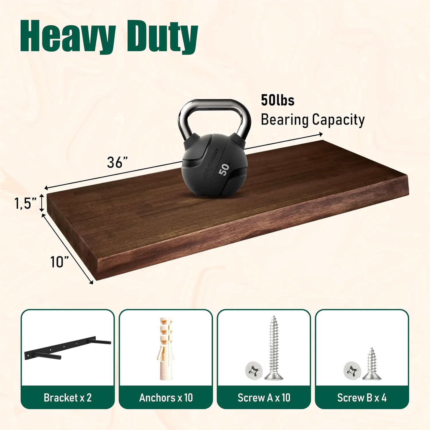 36in Thick Acacia Live Edge Floating Shelves Set of 2 - Rustic Wooden Shelf for Kitchen, Bathroom, Bedroom - Walnut Color - 36x10 Inches