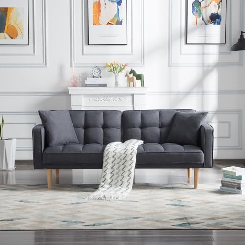 Tufted Futon Sofa Bed, Sleeper Couch, Modern Folding Loveseat Convertible Recliner Lounge with Wooden Legs for Living Room,Office,Apartment, 71.5