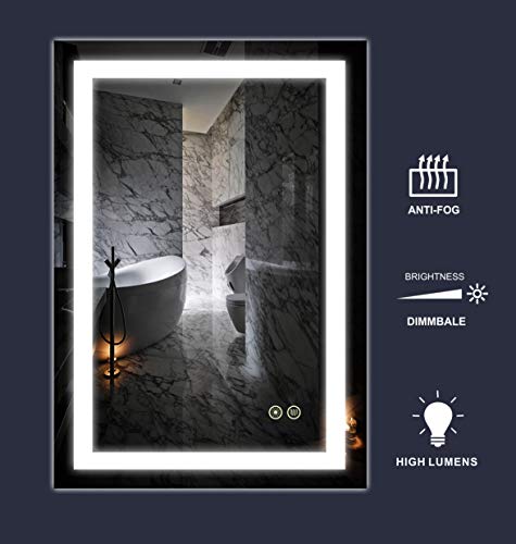 Dimmable Lighted Bathroom Mirror with Defogger and Memory Touch Switch| High Lemens Make Up Vanity Mirror 6500K CRI>90 (APEX-2436 24x36inch)