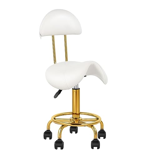 Saddle Chair Rolling Swivel Chair with Soft Comfortable Cushion and Wheels Hydraulic Stool for Home Office Tattoo Salon Shop Use White with Backrest