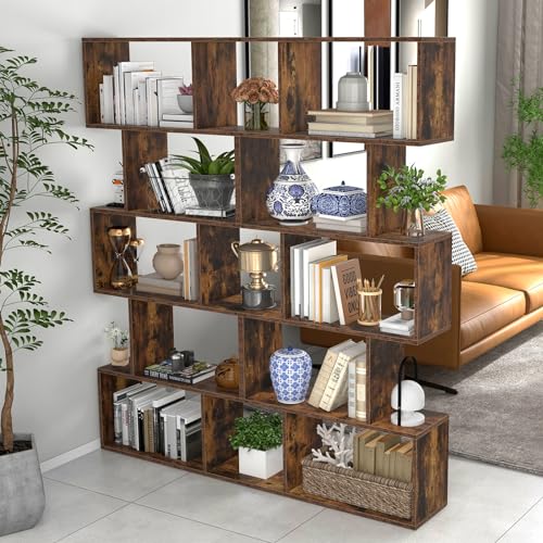 5-Tier Geometric Bookshelf, Freestanding Room Divider Bookcase, S-Shaped Decorative Storage Shelving, 62.5
