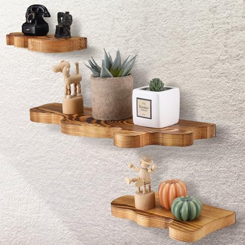 Set of 3 Small Rustic Wave Edge Floating Shelf 3 Size Live Edge Wooden Shelf with Metal Bracket Wall Mounted Display Ledge Shelves Farmhouse Vintage Wall Decor for Living Room Bedroom (Walnut)
