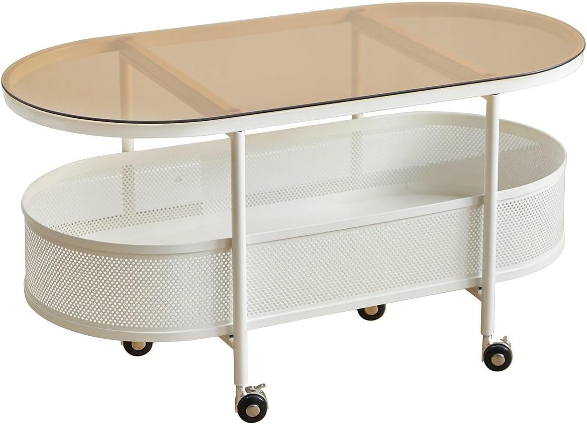 Modern Oval Coffee Table with Tempered Glass Top and Rolling Wheels, White Metal Frame Center Table with Storage Shelf, Stylish Living Room Furniture