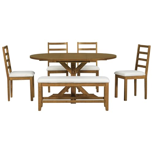 Farmhouse 6-Piece 60inch Extendable Pedestal Dining Table Set with 18inch Removable Leaf, Wood Kitchen Table Set with 4 Ladder Back Dining Chairs for Home, Kitchen, Dining Room (Dark Brown-44c)