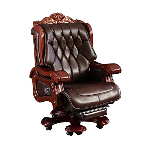 Luxury Solid Wood Boss Chair, Cowhide Business Executive Chairs with Footrest, 150° Reclining High-Back Ergonomic Office Seat, Adjustable Liftable Swivel (Black)