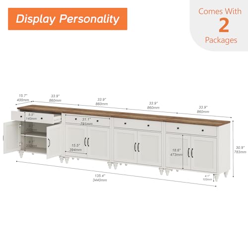 WAMAPT Buffet Cabinet with 8 Doors and 4 Drawers, Large Coffee Bar Tables Wood Kitchen Storage Cabinets, Modern Farmhouse Sideboard Credenza for Dining Room, Off White, 136 inch