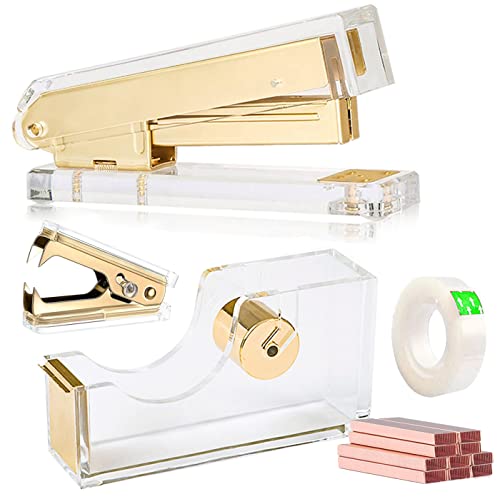 Acrylic Silver Tape Dispenser Desktop Stapler, Acrylic Office Supplies includes Staple Remover, Tape, 1000pcs Staples Desk Accessory Kit, Cute Office Stapler Set for Modern Design Office Desktop