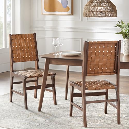 Brady Woven Vegan Leather Dining Chairs with Solid Rubberwood Frame, Mid Century Modern Accent Armless Seat, Stylish and Durable, Brown