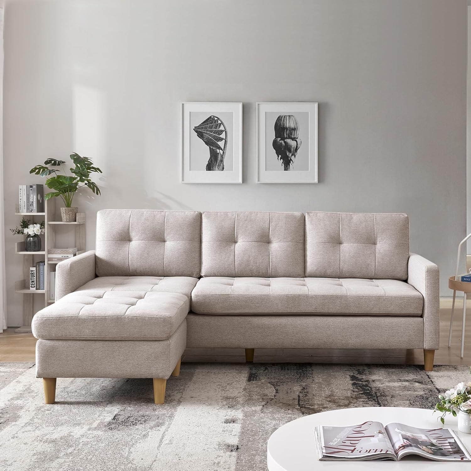 American Furniture Classics Beige Two Piece Upholstered Tufted L Shaped Sectional with Ottoman, 87