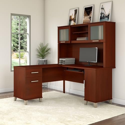 Bush Furniture Somerset L-Shaped Desk with Hutch Study Table with Drawers, Cabinets and Pullout Keyboard/Laptop Tray Home Office Computer Desk in Fresh Walnut Work Desk with Storage