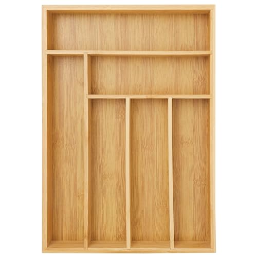 Juvale Bamboo Silverware Drawer Organizer with 6 Slots, Wooden Cutlery Tray Holder for Kitchen, Flatware, Utensils, 14.5 x 10.25 x 1.75 In
