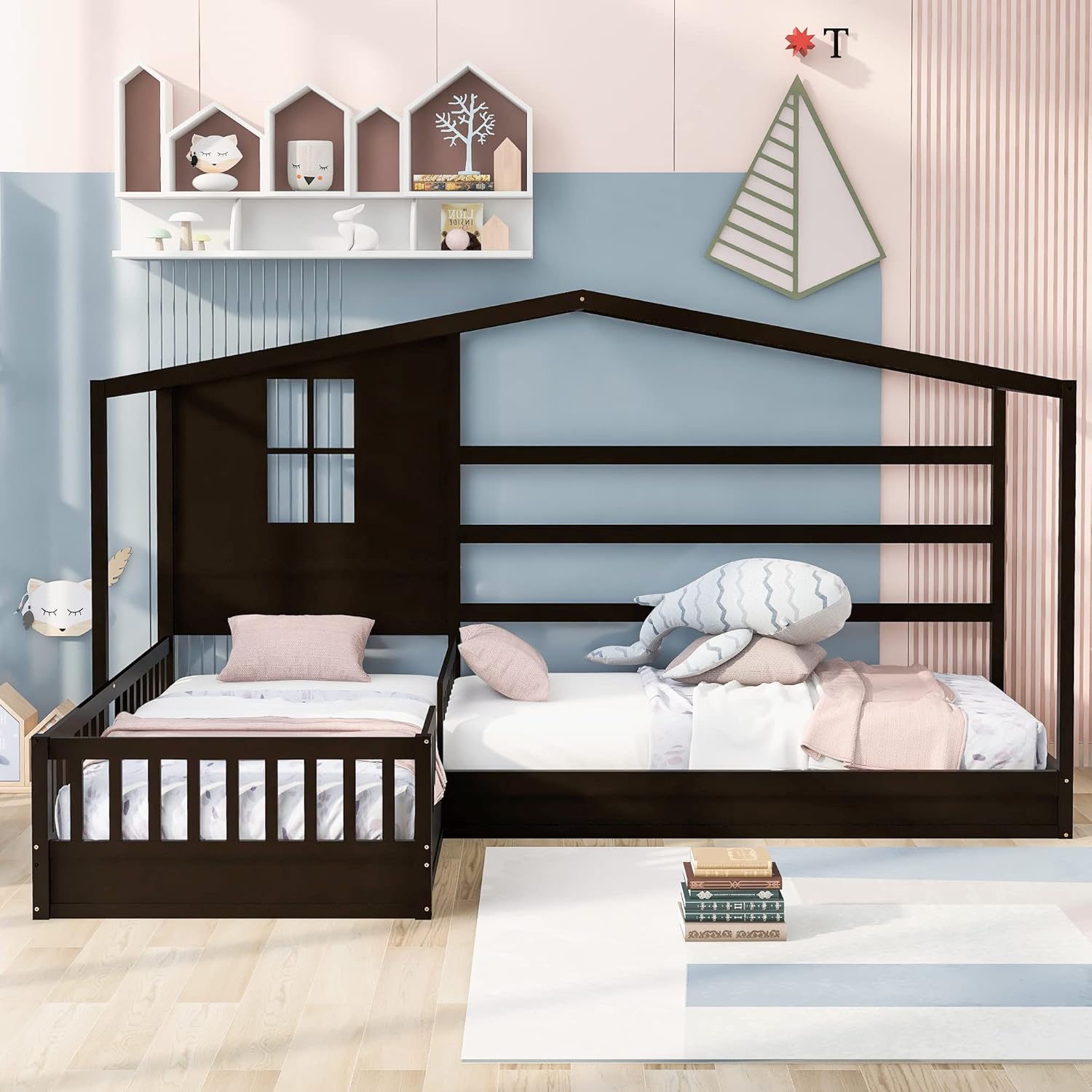 Twin Size House Platform Bed with Fence, L-Shaped Double Daybed Frame for 2 Kids Teens, Roof and Window Design, Wood Slats Support, Espresso