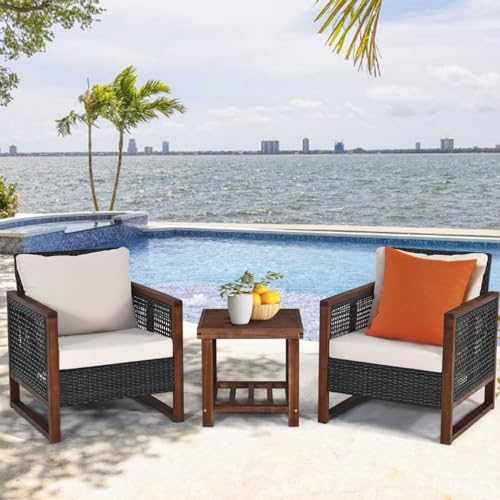 LDAILY 3 Pieces Patio Furniture Set, Rattan Outdoor Front Porch Chairs with Wood Coffee Table & Cushion, Comfy Wicker Conversation Patio Set for Movie Seating, Balcony, Garden, Poolside (Beige)