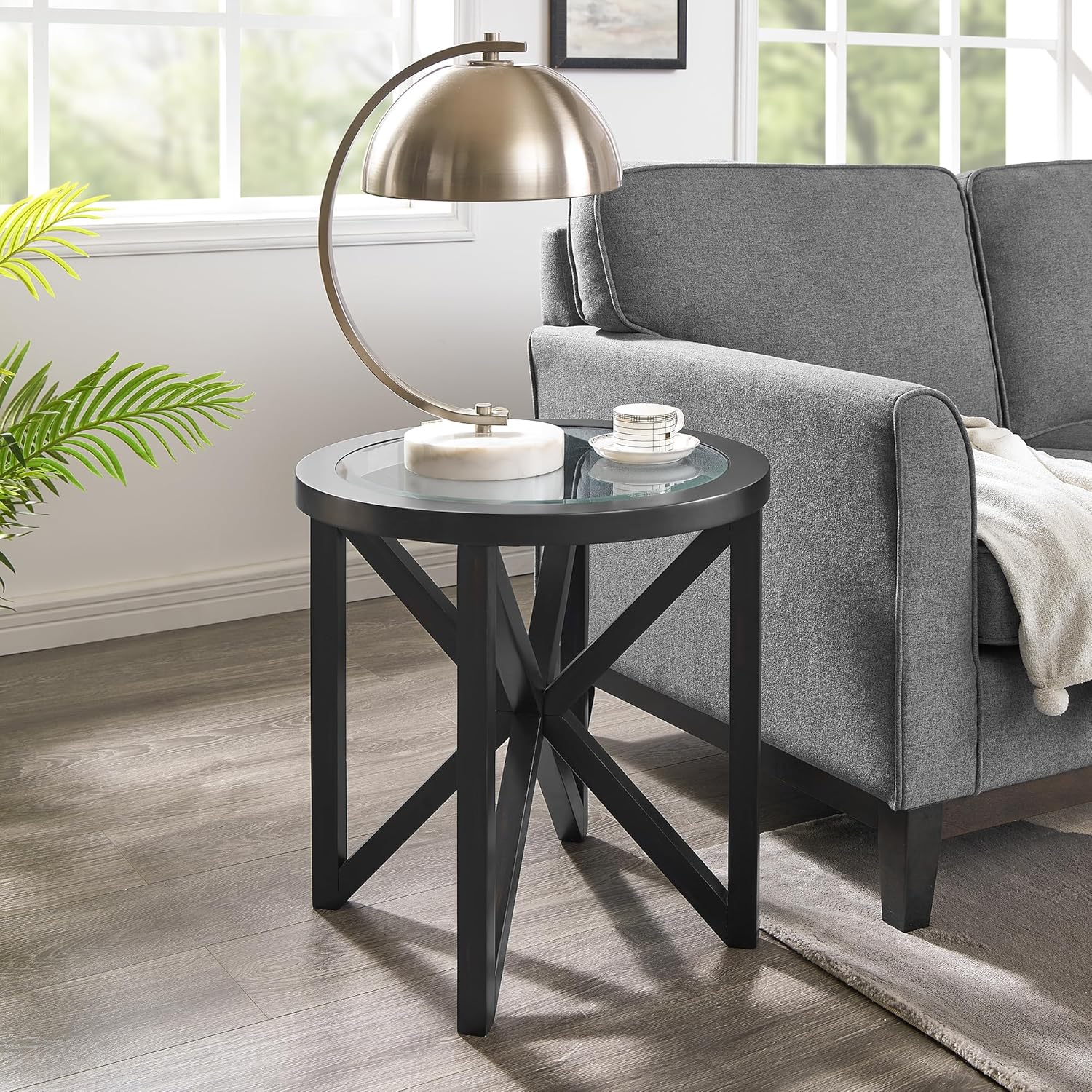 Modern simple glass coffee table, tempered glass coffee table solid wood base round transparent glass top modern living room terrace study coffee table (Black) W1781127575