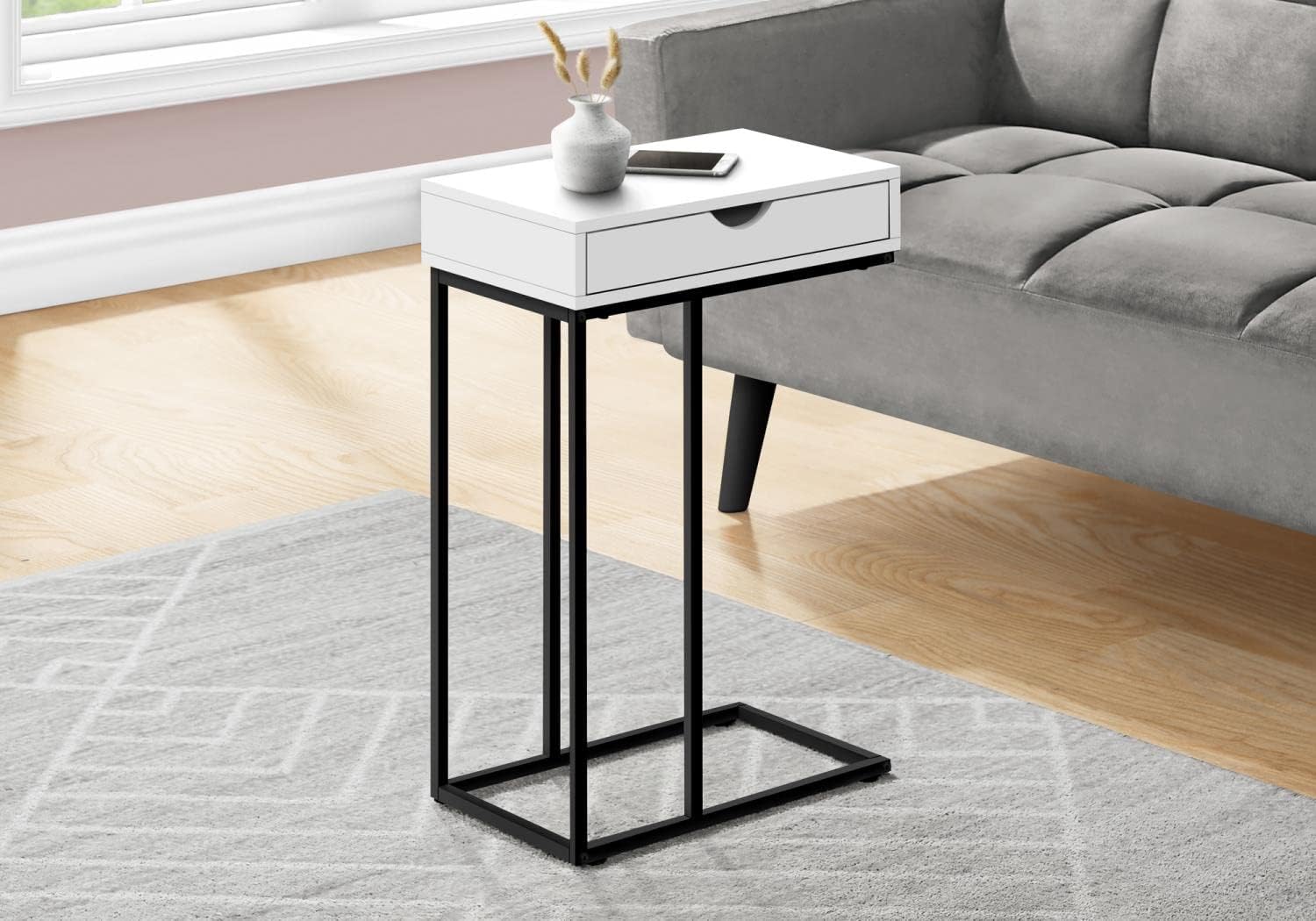 Monarch Specialties 3770 Accent Table, C-shaped, End, Side, Snack, Storage Drawer, Living Room, Bedroom, Metal, Laminate, White, Black, Contemporary, Modern Table-25, 15.75